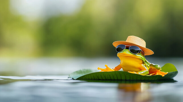 Cool frog with sunglasses and hat relaxing on a leaf in nature water.
