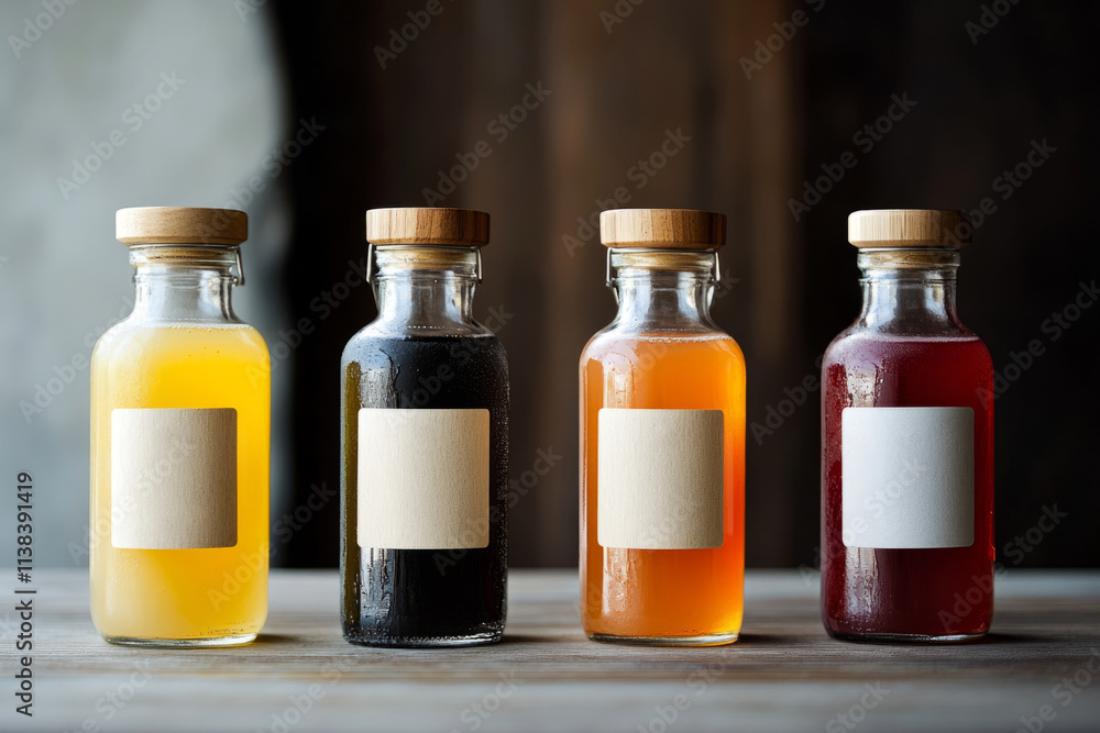 Poster four colorful juice bottles with blank labels are arranged on a wooden table, creating a vibrant and