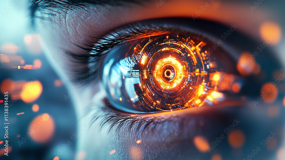 Poster cyborg eye close-up with digital features a sharp, close-up image of a robotâs eye, with digital a