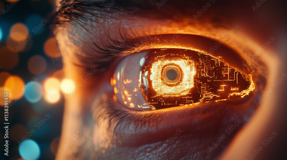 Poster cyborg eye close-up with digital features a sharp, close-up image of a robotâs eye, with digital a