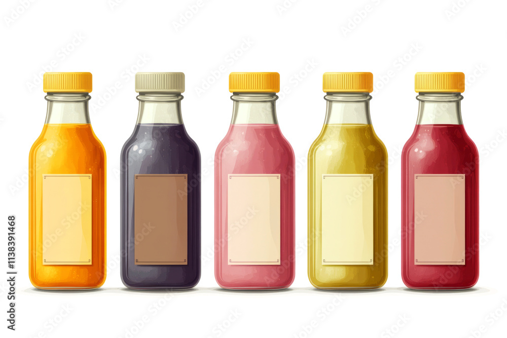 Poster five colorful juice bottles with blank labels are displayed in a row, ready for branding and customi