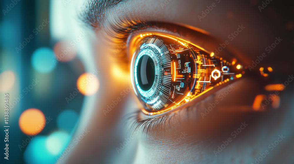 Poster cyborg eye close-up with digital features a sharp, close-up image of a robotâs eye, with digital a