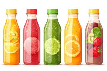 Five colorful detox smoothies with fresh fruits in bottles promoting a healthy lifestyle