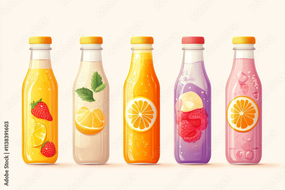 Poster five colorful bottles containing refreshing fruit juices with slices of lemon, orange, strawberry an