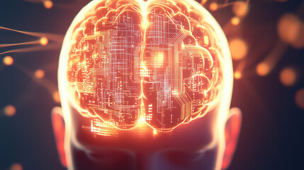 Human Head with Digital Circuitry and AI Connections A realistic rendering of a human head with a visible circuit board inside, representing artificial intelligence. The design hig