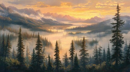 Pine forest and river valley enveloped in morning fog, golden sunrise light revealing intricate natural details.