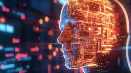 Human Head with Digital Circuitry and AI Connections A realistic rendering of a human head with a visible circuit board inside, representing artificial intelligence. The design hig
