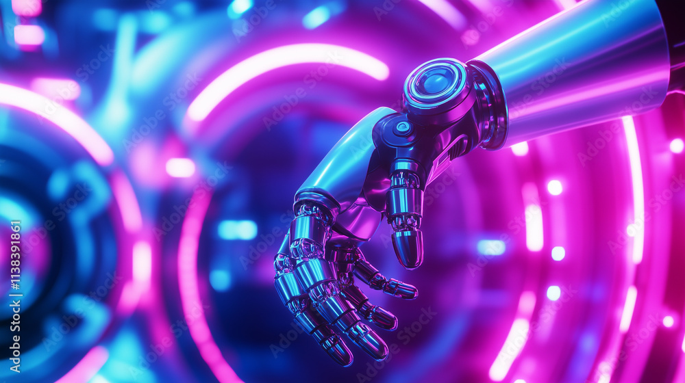 Poster industrial robot arm in futuristic factory setting with neon lights and advanced technology, highlig
