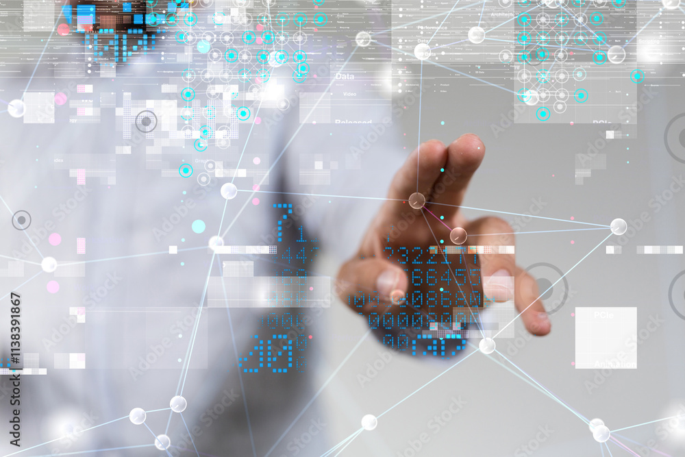 Poster Neural network 3D illustration. Big data and cybersecurity
