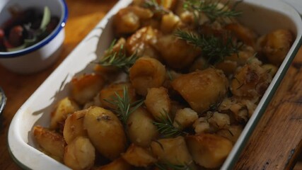 A person is reaching into a white dish of potatoes with herbs. The dish is on a wooden table