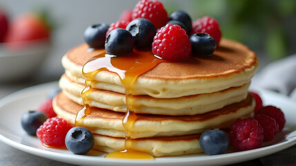 Sweet Berry Pancakes Drizzled with Golden Syrup, a delightful breakfast treat!