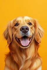 Cute golden retriever popping out with tongue out cheerful expression bright yellow background