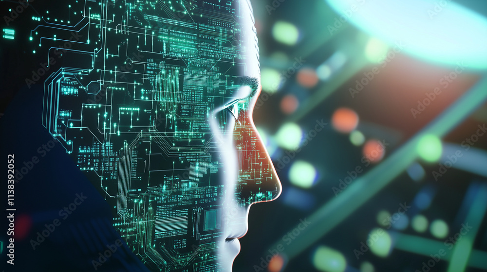 Poster ai-enhanced human mind with embedded circuitry a detailed image of a human head with internal circui