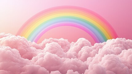 A vibrant rainbow arcs over fluffy pink clouds against a soft pastel background, creating a whimsical and dreamy atmosphere.