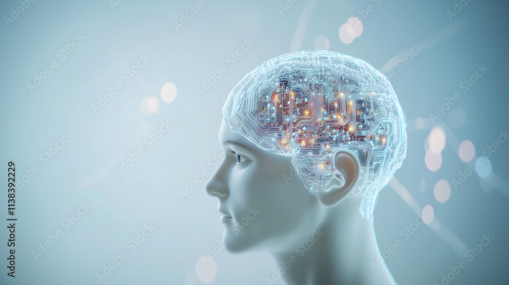 Poster human head with ai mind and circuitry integration a lifelike 3d model of a human head, with visible 