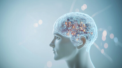 Human Head with AI Mind and Circuitry Integration A lifelike 3D model of a human head, with visible internal circuitry representing artificial intelligence. The design emphasizes t