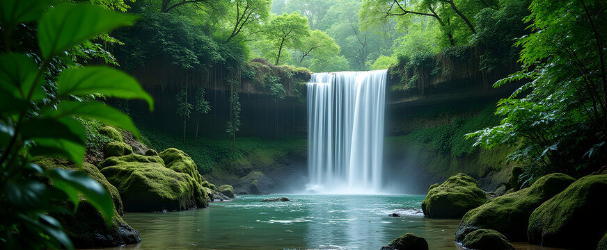 Serene waterfall cascading through lush green foliage, creating a tranquil oasis in the heart of nature.  Pure bliss!