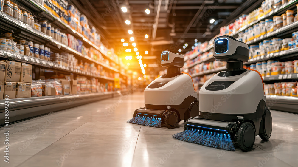 Poster automated robots cleaning supermarket aisles efficiently and effectively