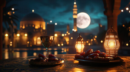 A serene evening scene with traditional food and drinks, illuminated by lanterns and moonlight.