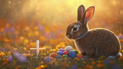 Realistic Bunny arranging colorful eggs at the base of a white cross on a bright, flower-filled meadow.