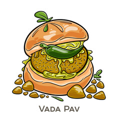 Vada Pav is a popular street food from Mumbai, consisting of a spicy potato fritter (vada) served inside a soft bread roll (pav), often accompanied by tangy and spicy chutneys.