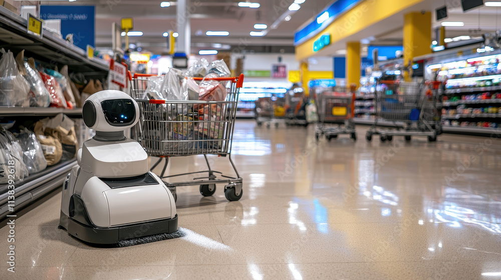 Poster robot cleaning checkout area in supermarket aisle, showcasing automation and efficiency