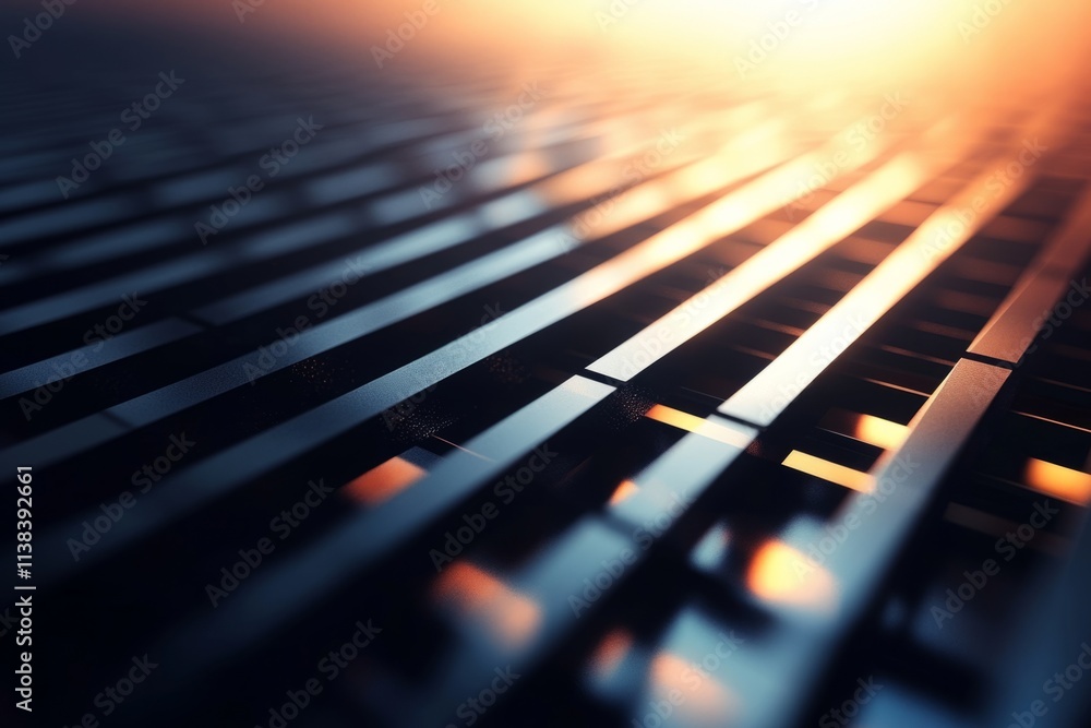 Aufkleber metallic grid structure reflecting warm sunset light, creating an abstract and futuristic design