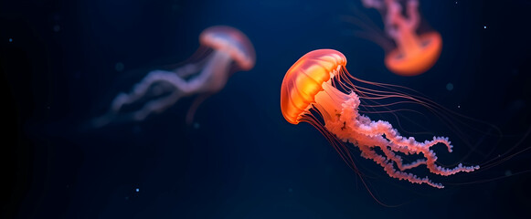 Mesmerizing orange jellyfish gracefully floats in the deep blue ocean, its tentacles swaying gently. A breathtaking underwater spectacle!