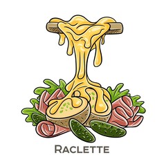 Raclette is a traditional Swiss dish featuring melted cheese scraped onto potatoes and other accompaniments.