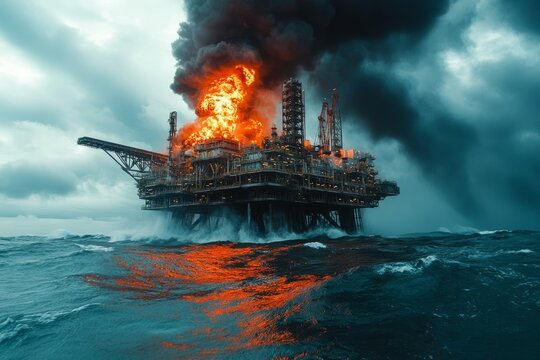 Fire engulfing offshore oil rig during storm, causing environmental damage and pollution