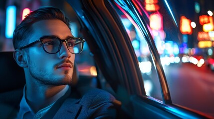 Stylish Man in Glasses is Commuting Home in a Backseat of a Taxi at Night. Handsome Male Passenger Looking Out of Window while in a Car in Urban City Street with Working Neon Signs