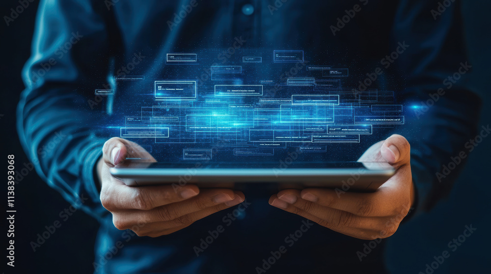 Poster person holding tablet displaying digital data and technology concepts