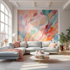 Modern living room with big mural on the wall. Sofa and coffee table with big window,