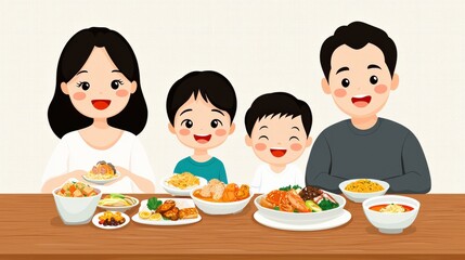 A cheerful family sits together at a table, enjoying a variety of delicious dishes, showcasing togetherness and love through food.