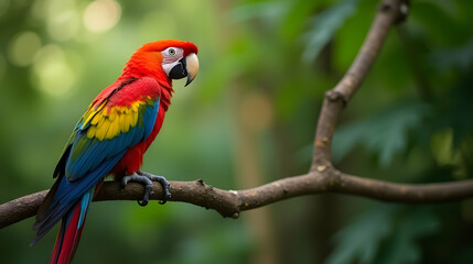 Obraz premium Vibrant Scarlet Macaw perched gracefully on a branch, showcasing its magnificent plumage against a lush green backdrop. A stunning display of nature's artistry!