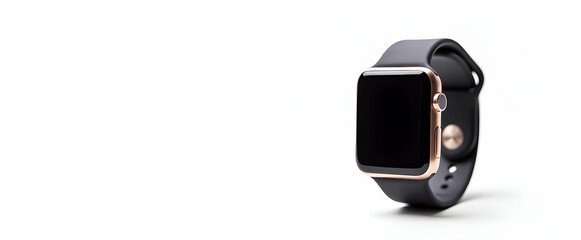 Sleek rose gold smartwatch with a black band, elegantly displayed against a stark white backdrop.  Modern technology and minimalist style.