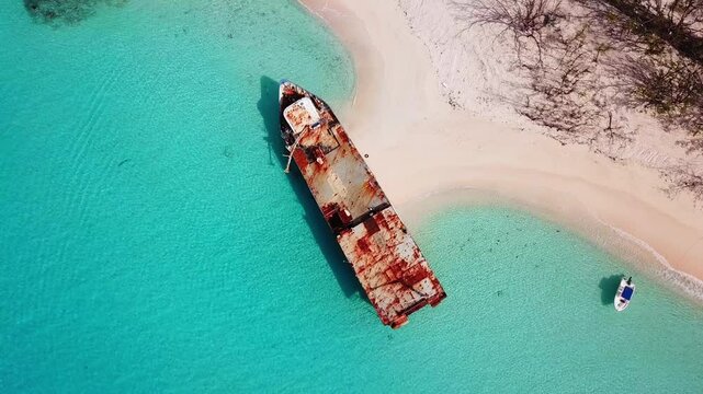 Flyover of shipwreck on the beach in Grand Turk in the Caribbean.