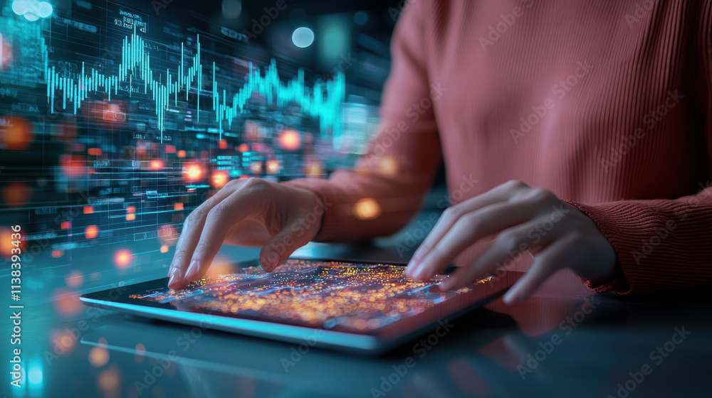 Poster person using tablet to shop online with data visualization in background