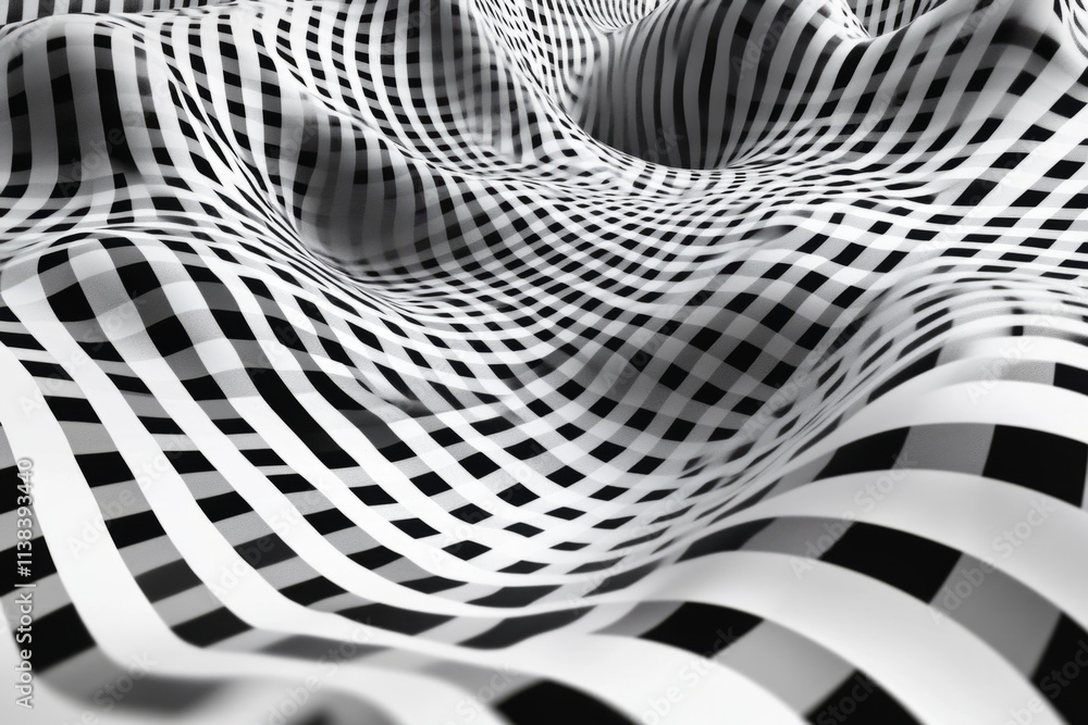 Poster checkered black and white flag waving and creating an abstract pattern