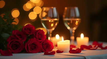Candlelight, roses, and wine: a perfect romantic dinner setting.  Feel the love and intimacy in the air.