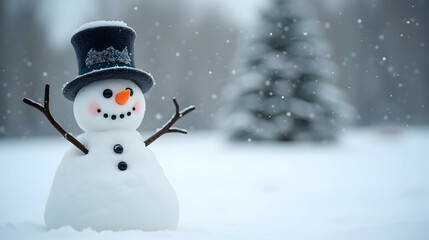 Fototapeta premium Charming snowman in top hat, enjoying a snowy day. Winter wonderland scene, festive spirit!