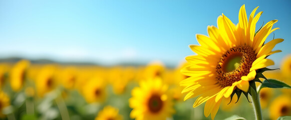 Obraz premium Vibrant sunflowers bathed in sunlight, a breathtaking field stretching to the horizon. Golden petals gleam, nature's artistry at its finest.
