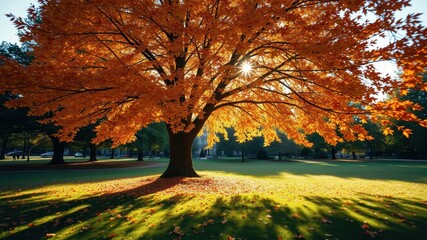 Fototapeta premium A golden autumnal tree stands proudly in a lush green park, bathed in the warm glow of the setting sun, its leaves casting delicate shadows on the grass below.