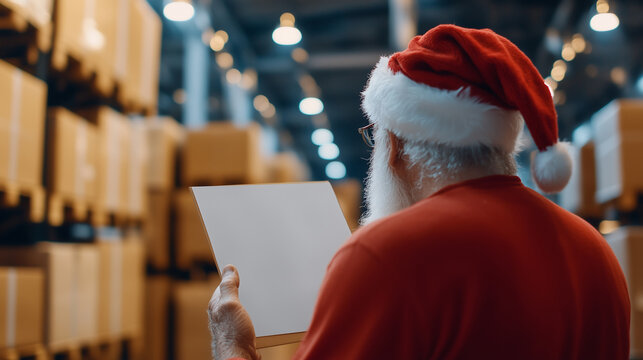 Over shoulder view of old Santa Claus wearing costume reading blank empty wish list standing in workshop gifts warehouse. Merry Christmas wishlist presents parcels post shipping de