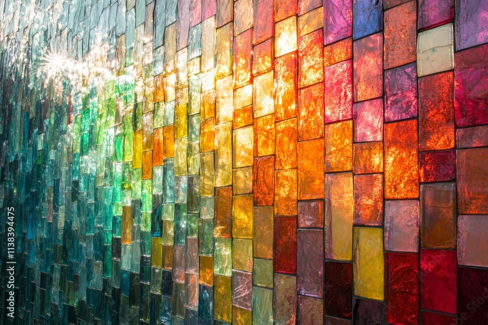 Poster sunlight illuminates a colorful stained glass window, creating a vibrant and artistic pattern with v