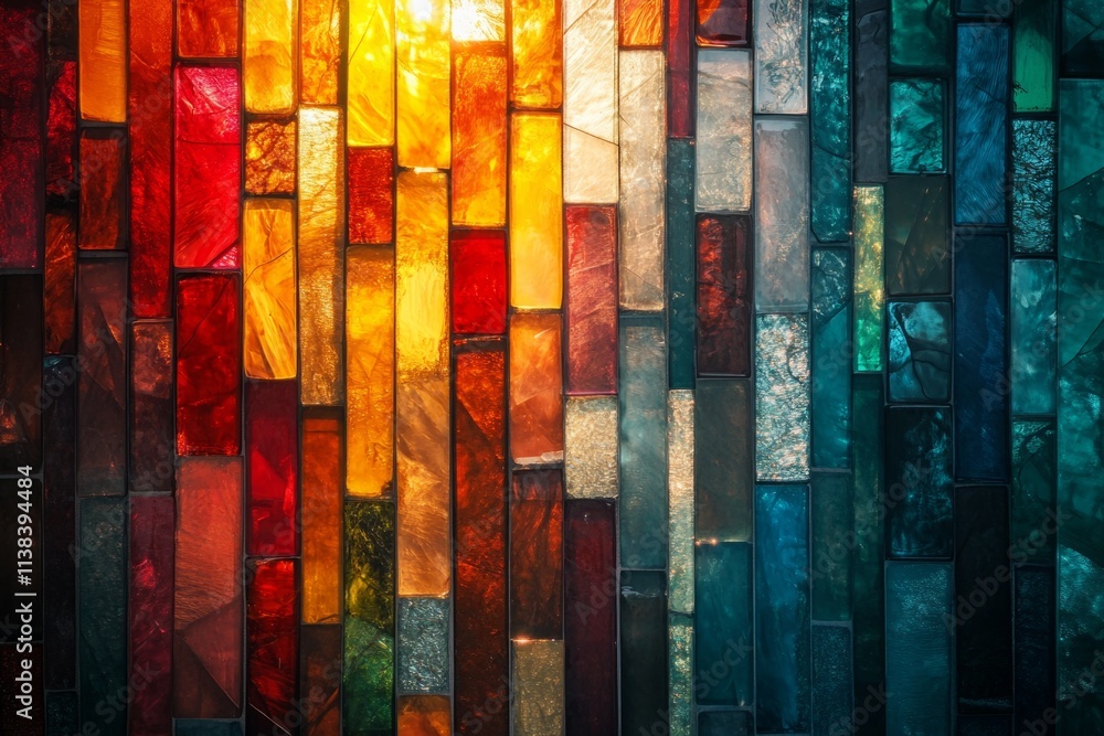 Poster light shining through a colorful stained glass window, creating a beautiful mosaic of color and text