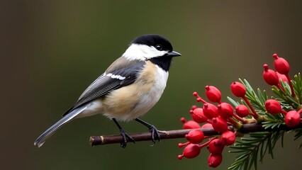 A tit sitting on a festive branch with red flowers and greenery. Harbinger of spring