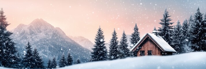 holiday winter scene, elegant christmas backdrop featuring a peaceful winter setting with snow-covered evergreens and a light snowfall on a charming village