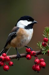 Obraz premium A tit sitting on a festive branch with red flowers and greenery. Harbinger of spring