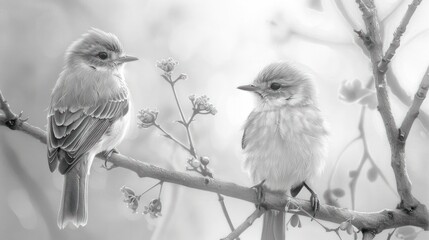 Two birds perched on a branch in monochrome.